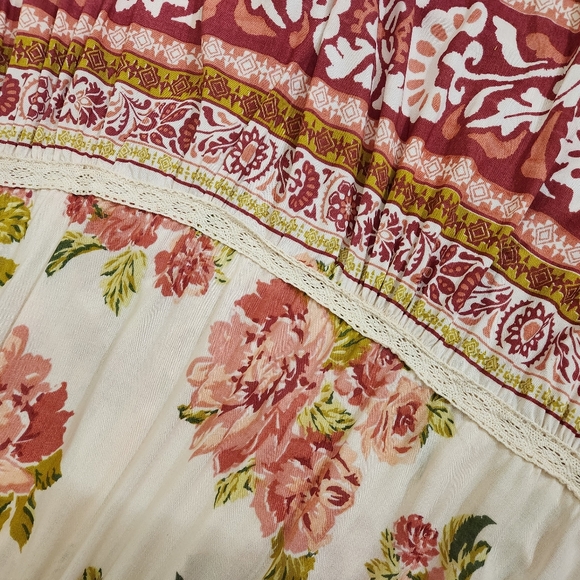 Angie Boho Floral Maxi Dress Small Cutout Front Smocked Back Cottagecore Lace - Picture 8 of 9